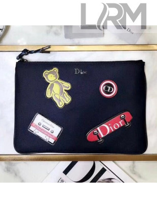 Dior Flat Pouch in Nylon with Multiple Patches Navy Blue 2018