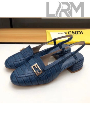 Fendi Crocodile Pattern Calfskin Promenade Slingbacks Loafers With 4cm Heel Blue 2020