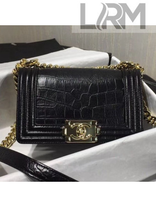 Chanel Crocodile Embossed Leather Small Boy Flap Bag Black 2019