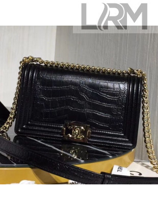 Chanel Crocodile Embossed Leather Medium Boy Flap Bag Black 2019