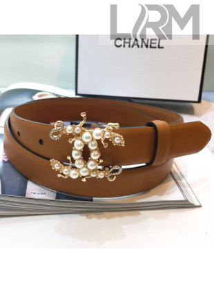 Chanel Leather Belt with Pearls CC Buckle 25mm Brown