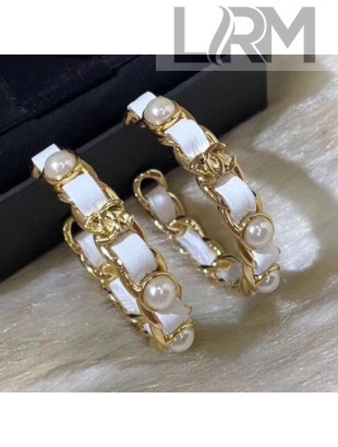 Chanel Leather and Chain Hoop Earrings AB2674 White 2019