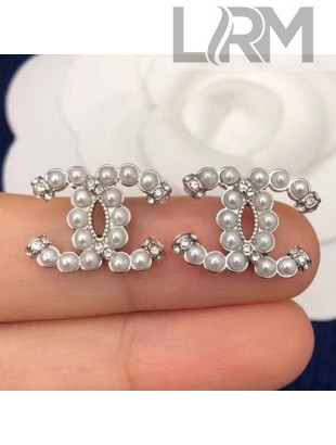 Chanel Pearl CC Stud Earrings Pearly White/Silver 2019