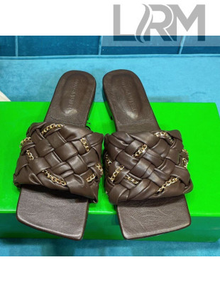 Bottega Veneta Leather Chain Woven Flat Slide Sandals Brown 2021