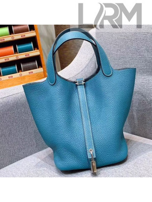Hermes Picotin Lock 18cm/22cm in Clemence Leather with Silver Hardware Denim Blue (All Handmade)