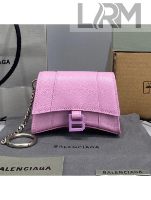 Balenciaga Hourglass Card Case with Chain in Pink Grained Calfskin 2021 92789 