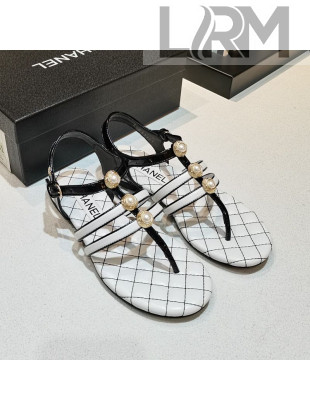Chanel Lambskin Pearl Charm Flat Thong Sandals White 2021