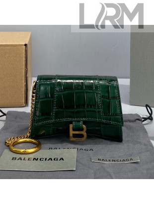 Balenciaga Hourglass Card Case with Chain in Green Shiny Crocodile Embossed Calfskin 2021 92789 