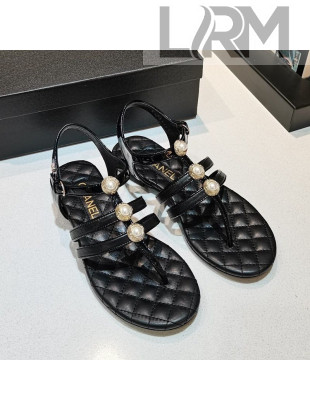 Chanel Lambskin Pearl Charm Flat Thong Sandals Black 2021