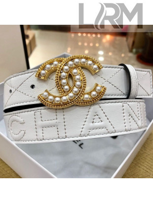 Chanel Quilted Chanel Logo Lambskin Belt 30mm with Pearl CC Buckle 2019(5 Colors)