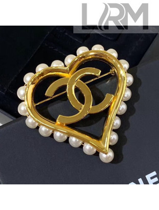 Chanel Large Pearl Heart Brooch AB2598 Pearly White/Gold 2019
