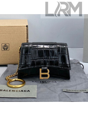 Balenciaga Hourglass Card Case with Chain in Black Shiny Crocodile Embossed Calfskin 2021 92789 