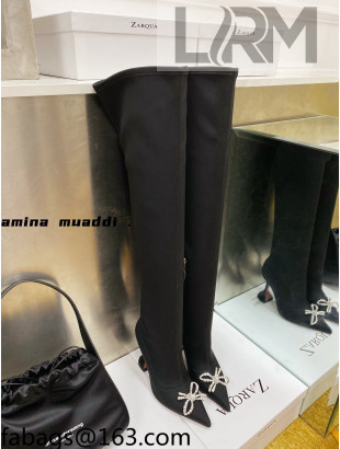 Amina Muaddi Lycra Over-Knee High Boots 9.5cm with Crystal Bow Black 2021
