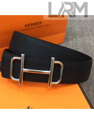 Hermes Saddle Reversible Calfskin Buckle Belt 38mm Black/Silver 2019