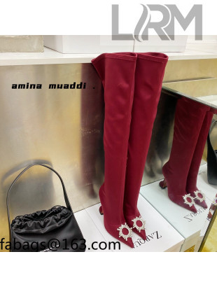 Amina Muaddi Lycra Over-Knee High Boots 9.5cm with Crystal Charm Red 2021  