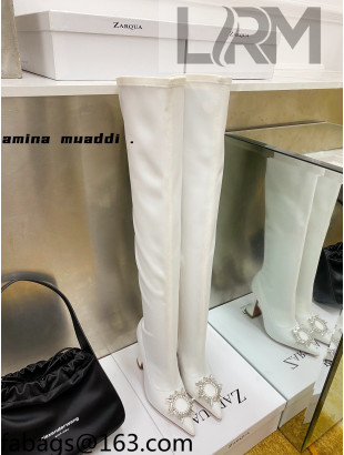 Amina Muaddi Lycra Over-Knee High Boots 9.5cm with Crystal Charm White 2021