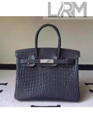 Hermes Birkin 30/35 Imported Matte Crocodile Leather Bag Dark Gray (SHW)