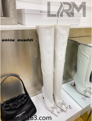 Amina Muaddi Lycra Over-Knee High Boots 9.5cm with Crystal Bow White 2021