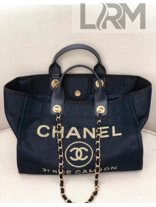Chanel Deauville Lurex Canvas Large Shopping Bag A93786 Navy Blue/Gold 2019