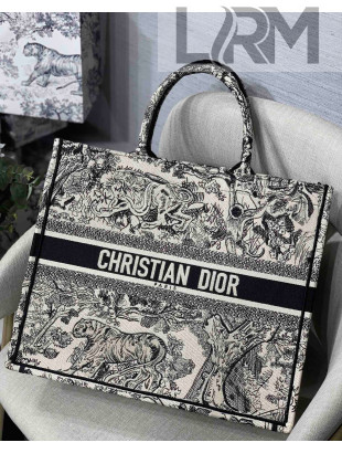 Dior Large Book Tote Bag in Black Toile de Jouy Embroidery 2021