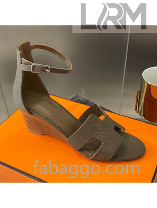 Hermes Legend Palm-Grained Calfskin Wedge Sandals 70mm Heel Elephant Grey 2020