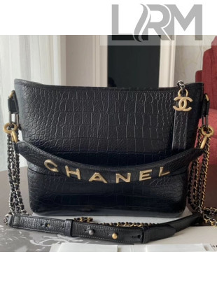 Chanel Crocodile Embossed Calfskin Gabrielle Medium Hobo Bag AS0866 Black 2019