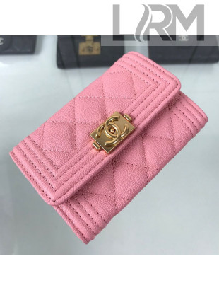 Chanel Quilted Grained Small Flap Boy Wallet A80603 Pink/Gold 2019