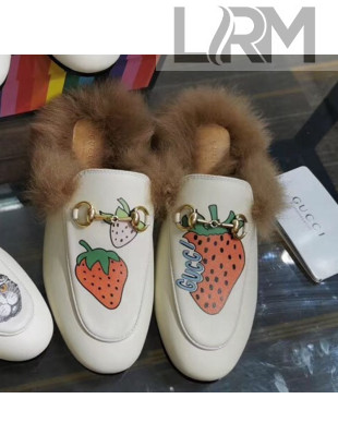 Gucci Princetown Calfskin Wool Slipper with Gucci Strawberry Print White 2019