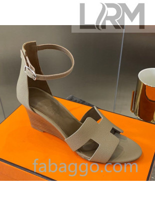 Hermes Legend Palm-Grained Calfskin Wedge Sandals 70mm Heel Dove Grey 2020