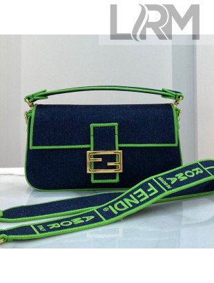 Fendi Baguette Medium Denim Flap Bag Dark Blue/Green 2021