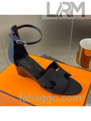 Hermes Legend Palm-Grained Calfskin Wedge Sandals 70mm Heel Navy Blue 2020