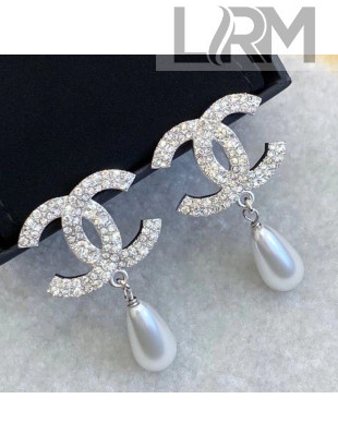 Chanel CC Pearl Short Earrings Silver 2020