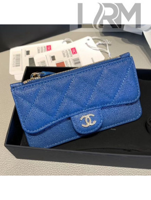 Chanel Quilted Grained Calfskin Zipped Classic Card Holder AP0374 Blue 2019