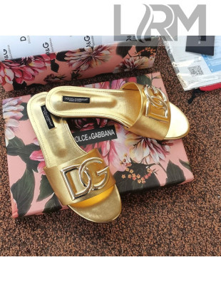 Dolce & Gabbana DG Metallic Leather Flat Slide Sandals Gold 2021