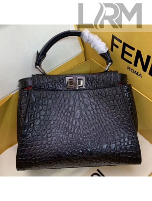 Fendi Peekaboo Mini Crocodile Embossed Calfskin Top Handle Bag Black 01 2019