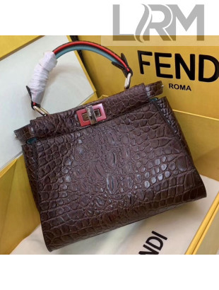 Fendi Peekaboo Mini Crocodile Embossed Calfskin Top Handle Bag Coffee 01 2019
