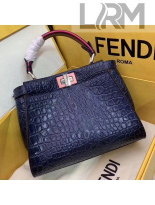 Fendi Peekaboo Mini Crocodile Embossed Calfskin Top Handle Bag Blue 01 2019