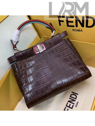 Fendi Peekaboo Mini Crocodile Embossed Calfskin Top Handle Bag Coffee 02 2019