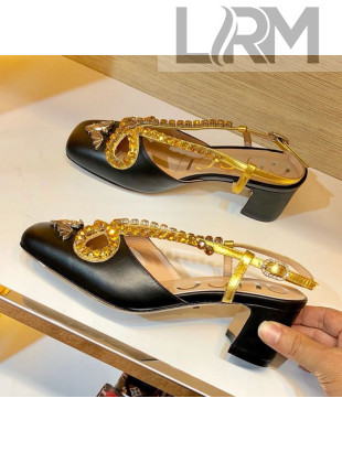 Gucci Mid-Heel Leather Crystal Cutout Bow Sandal Black 2019