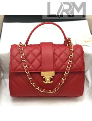 Chanel Quilted and Chevron Calfskin Flap Bag with Top Handle AS0804 Red 2019