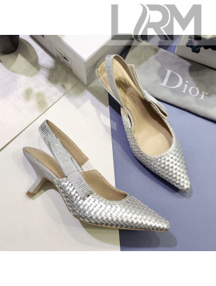 Dior J'Adior Slingback Mid-Heel Pumps in Braided Metallic Silver Lambskin 2020
