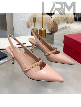 Valentino Roman Stud Calfskin Slingback Pumps with Sculpted Heel and Strap Nude 2020