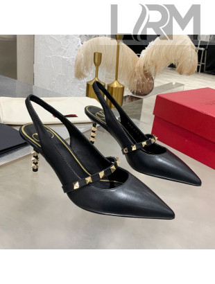 Valentino Roman Stud Calfskin Slingback Pumps with Sculpted Heel and Strap Black/Gold 2020