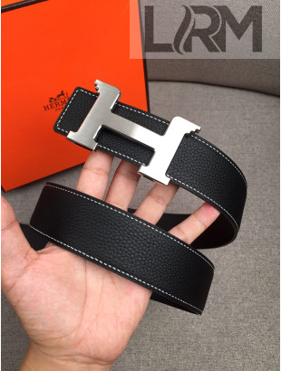 Hermes Litchi Grained Calfskin Belt 4 cm with H Buckle Black 2021 01