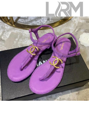 Chanel Tweed & Lambskin Thong Sandals With CC Logo Purple 2020
