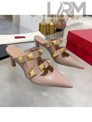 Valentino Roman Stud Calfskin Heel Mules with Sculpted Strap Nude 2020