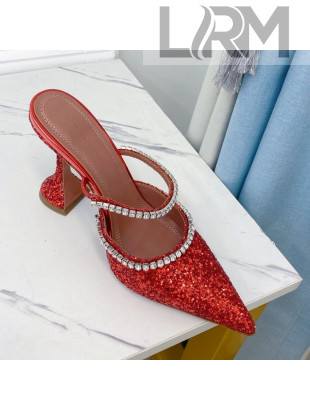 Amina Muaddi Sequins Crystal Strap Mules 9.5cm Red 2021 17