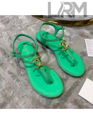 Chanel Tweed & Lambskin Thong Sandals With CC Logo Green 2020