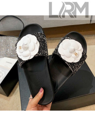 Chanel Tweed Camellia Flat Slide Sandal Black 01 2020
