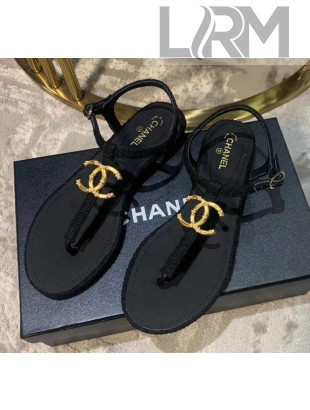 Chanel Tweed & Lambskin Thong Sandals With CC Logo Black 2020